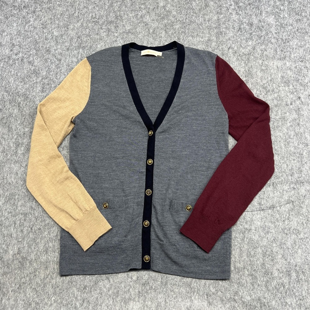 Tory Burch Cardigan Sweater Womens M Gray Colorblock Knit Button Pocket Madeline